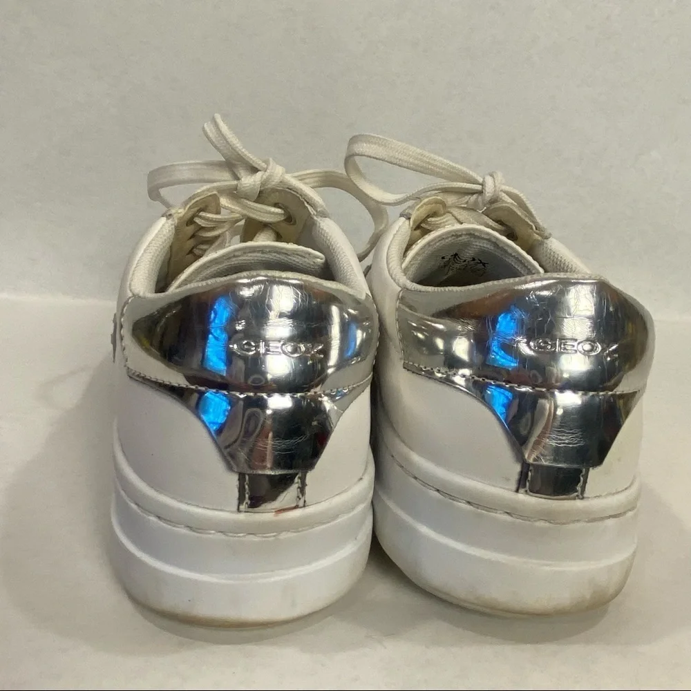Geox Respira Pontoise White Silver Leather Sneaker Women's 9 Retro Chunky